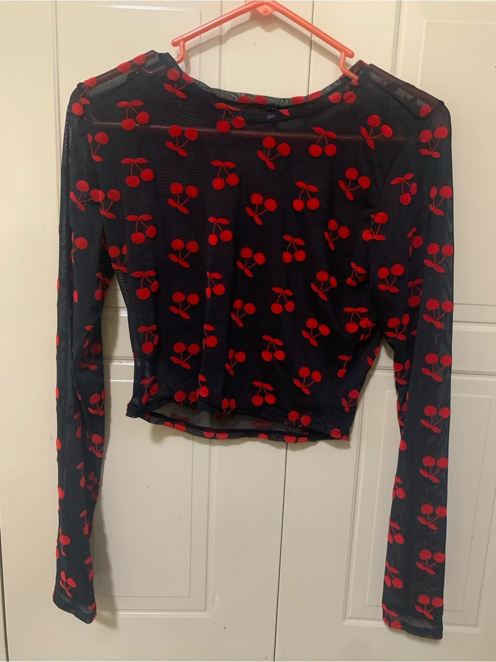 Black Mesh Long-Sleeve Crop Top with Red Cherry Print